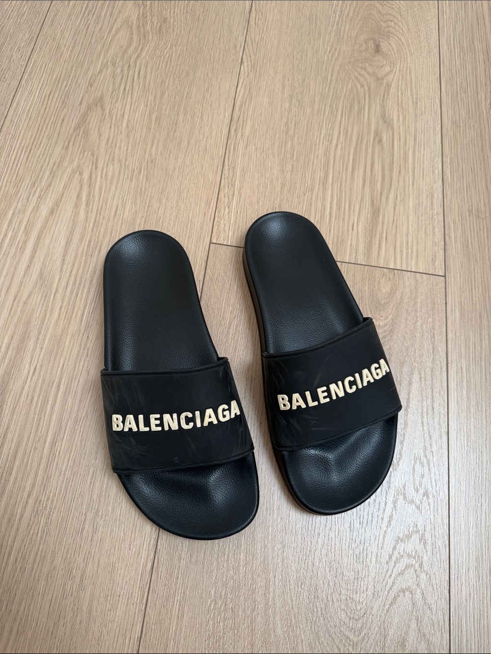 Balenciaga Black Slides with Cream Logo